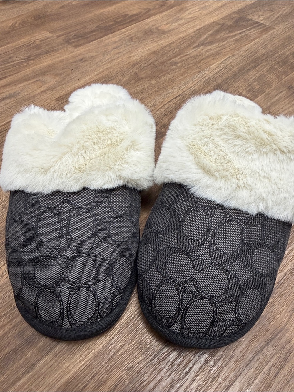 Coach Monogram Fur-Lined Slippers - Black & Cream
